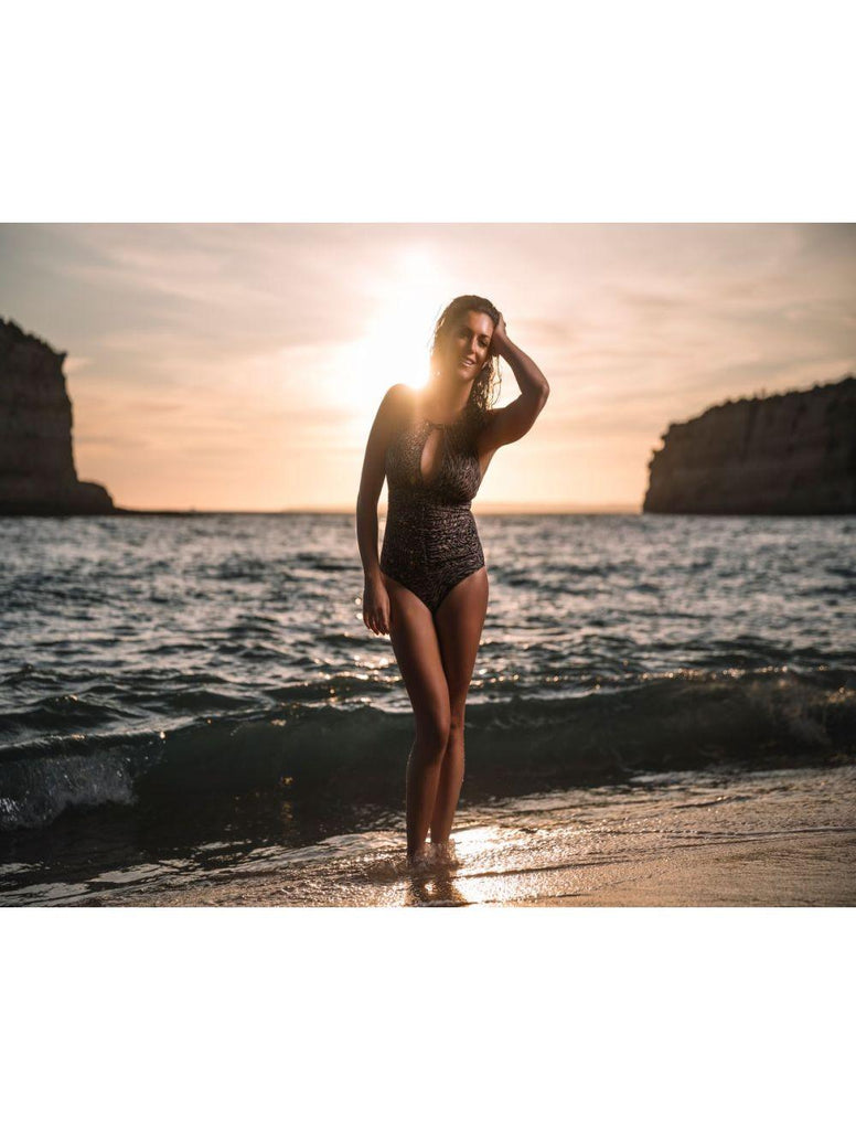 Ava Animal High Neck Swimsuit Grey - Seaspray Swimwear