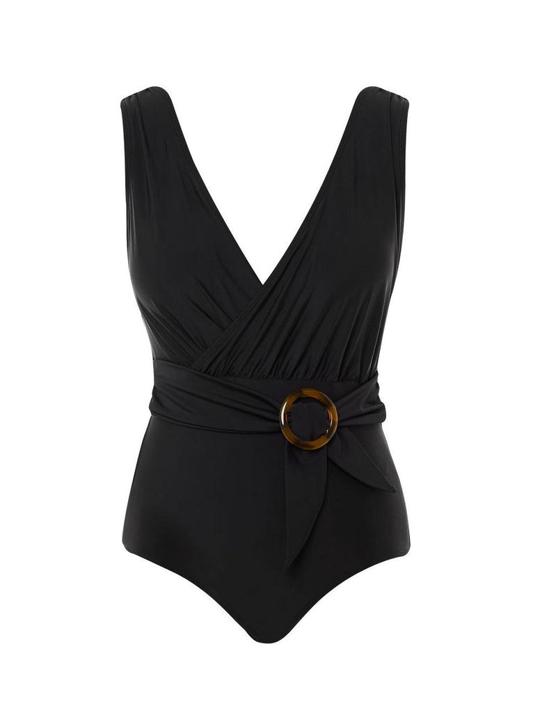 Marilyn Plunge Wrap Suit Black - Seaspray Swimwear